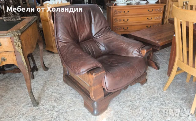 Дъбов фотьойл с естествена кожа