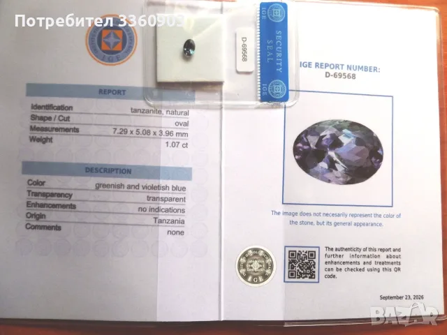 Сертифициран Танзанит-1.07 карата, снимка 6 - Други - 56561684