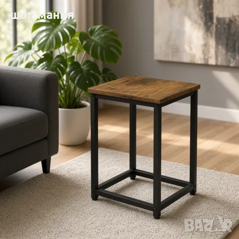 Метална стойка за саксия 42 см – черна, с рафт в цвят състарен дъб