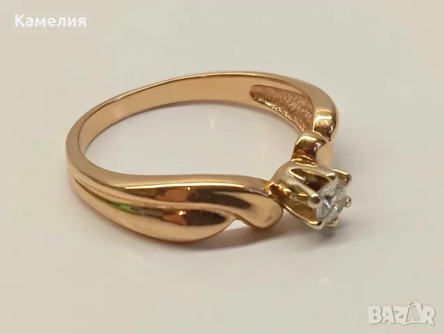 Руско злато. Пръстен с брилиант, снимка 6 - Пръстени - 56725376