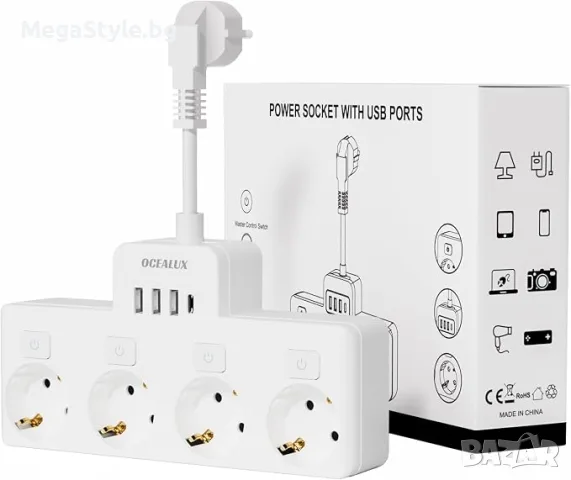 Разклонител с 4 порта, индивидуално превключващ се, USB A (3 порта) + USB C (1 порт) за зареждане