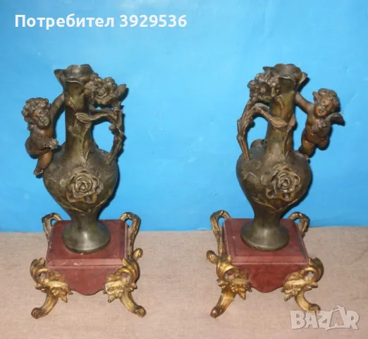 Чифт автентични френски вази Арт Нуво (Art Nouveau) – мрамор и шпиат, Херувими, h-34.5 см