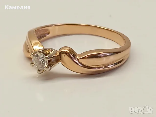 Руско злато. Пръстен с брилиант, снимка 3 - Пръстени - 56725376