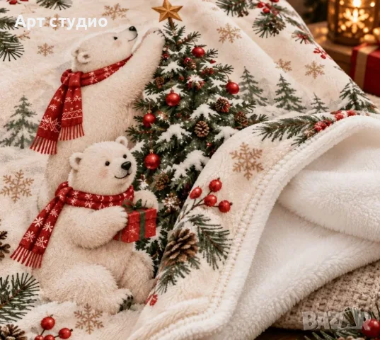 Ново Пухкаво Коледно Одеяло с Бели Мечета и Елха, снимка 6 - Олекотени завивки и одеяла - 56586708