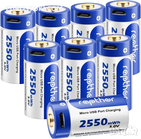 RAPTHOR USB акумулаторни батерии CR123A 3V 850mAh. Комплект: 8 акумулаторни батерии 16G USB 
