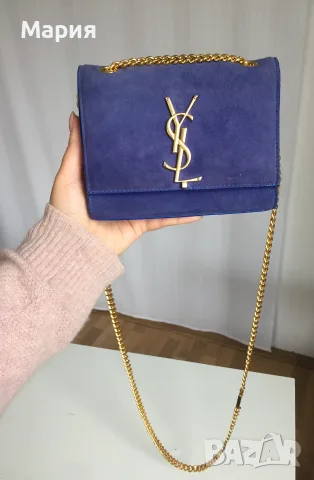 Велур SAINT LAURENT YSL Kate Mini Дамска Чанта Естествена Кожа Дълга дръжка през рамо Синя