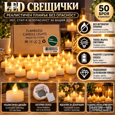 50 броя LED чаени свещички без пламък, топла жълта светлина, на батерии CR2032