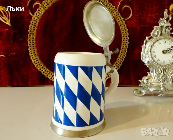 Керамична халба с капак от калай,печат. , снимка 2 - Антикварни и старинни предмети - 56636704