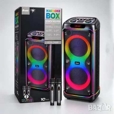 Професионална парти караоке тонколона BTS-2496 (Dual 2х10 инча, 220W, BT 5.3) с безжичен микрофон