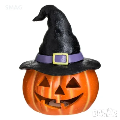 Halloween декоративна тиква с шапка и светлина полирезин_1258682