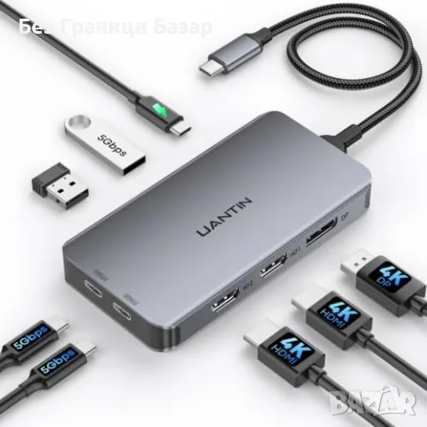 Нов хъб UANTIN USB-C докинг станция 8 в 1 с 2 HDMI DisplayPort 4K 60Hz PD 100W за лаптоп компютър