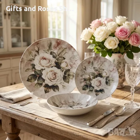 Луксозен керамичен сервиз за хранене White Roses – 18 части