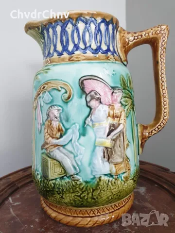 Белгия 19ти век/Majolica 23см/МАЙОЛИКА стара белгийска керамична кана-ваза с дръжка