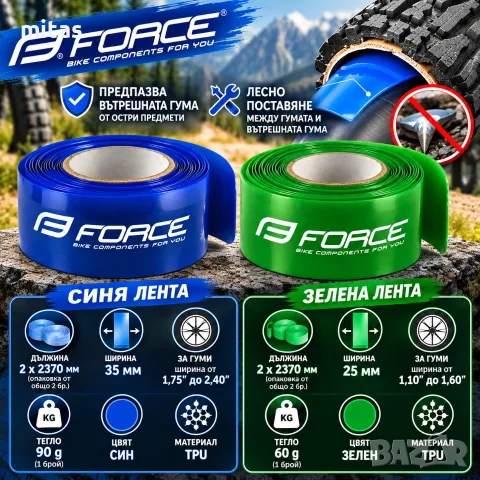 Защитни ленти против пробиване FORCE за вело гуми 10"–29", TPU, 25/35 мм, 2 бр.
