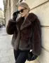Дамско пухено кафяво късо палто, снимка 1