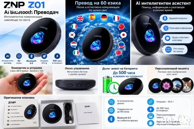 Нова дигитална AI значка ZNP Z01 – Преносим AI асистент и преводач (Bluetooth 6.0