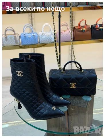Chanel Дамски Черни Капитонирани Боти На Висок Ток С CC Лого Код SK2546
