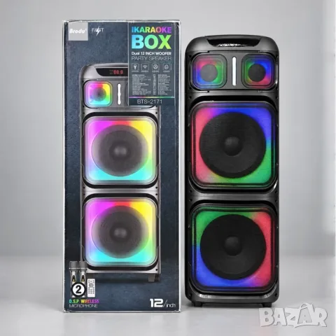 Мощна караоке тонколона Brodu iKaraoke BTS-2171 (Dual 12", 200W RMS) с 2 микрофона и Bluetooth