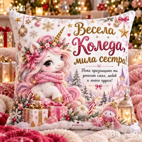 Декоративна възглавничка "Весела коледа мила сестра"