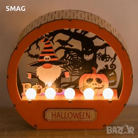 Дървена настолна halloween декорация светеща тиква с led_1244369