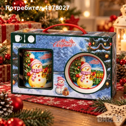 Коледен подаръчен комплект със снежен човек – чаша, купичка и лъжичка, 3 части