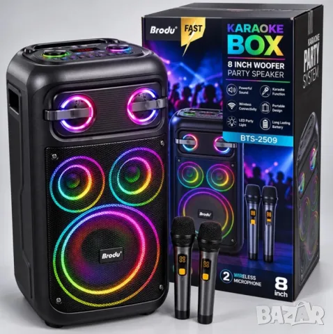 BTS-2509 Караоке тонколона с говорител 8 инча, 2 безжични микрофона, RGB светлини и LCD дисплей