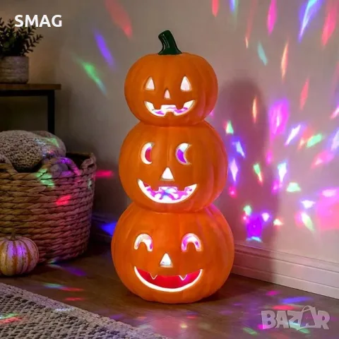 Декоративна halloween тройна тиква с led светлини оранжева_1266083