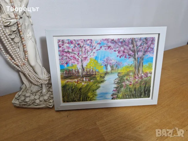 Ръчно рисувана пейзажна картина с маслени пастели в рамка, 14 x 20 см