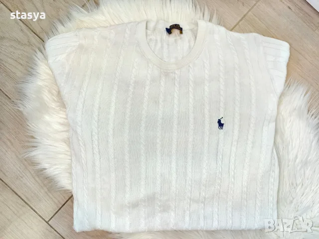 Оригинален бял пуловер Polo Ralph Lauren на плитки (Размер L)