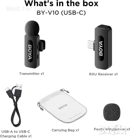 BOYA BY-V10 USB-C безжичен лавалиер микрофон за iPhone 16/15 Android, смартфон Type-C, снимка 8 - Микрофони - 56740360