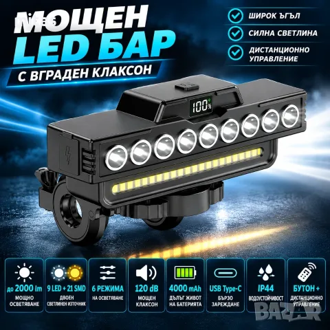 Ултра ярък LED бар с клаксон, 2000 lm, 9 LED + 21 SMD, 4000 mAh, USB-C