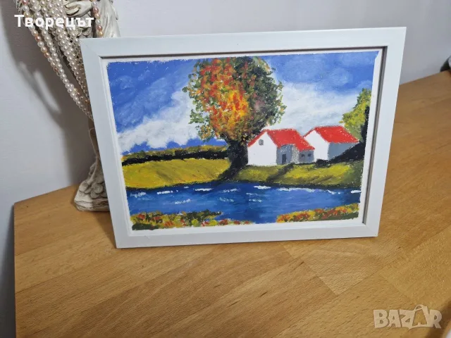 Ръчно рисувана пейзажна картина с маслени пастели в рамка, 14 x 20 см