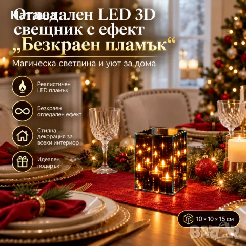 ✨ Декоративна LED лампа с ефект на пламък – огледално стъкло 