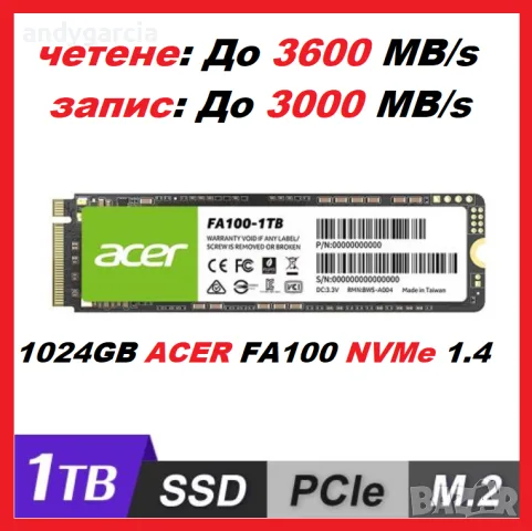 1024GB ACER FA100 1TB PCIe Gen3 x4 , SSD NVMe 1.4, M.2 2280 диск за лаптоп или настолек компютър