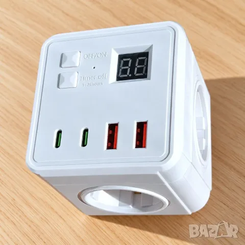 Разклонител с таймер 1–24ч, портове 2 USB и 2 Type-C