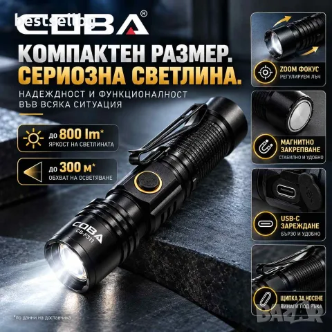 Мини LED фенер COBA 800 lm с Zoom, магнит, USB-C и батерия 18350