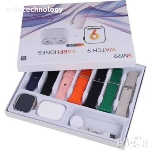 SM99 Ultra – Комплект SET Смарт Часовник+Слушалки със 7 каишки и безжично зареждане