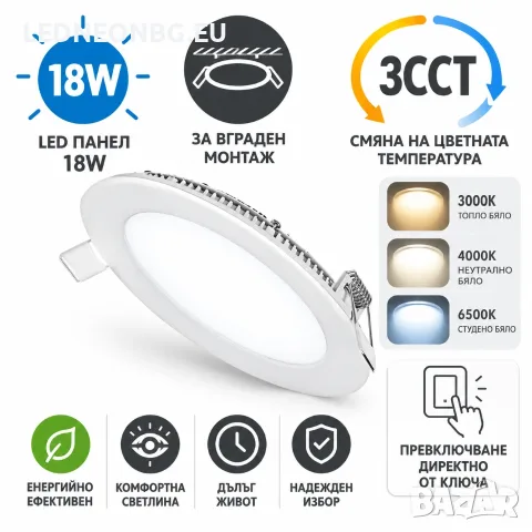 LED Панел за вграждане 18 W Ф22 , 3 CCT, с вкл. драйвър