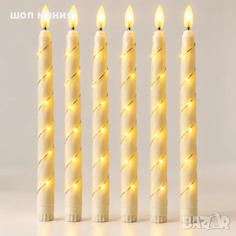 Комплект 6 LED свещи с реалистичен пламък и топла светлина – 27 см, елегантен спираловиден дизайн