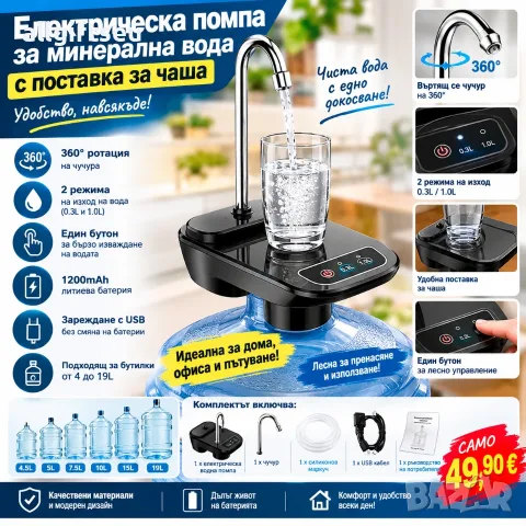 Електрическа помпа за минерална вода с поставка за чаша