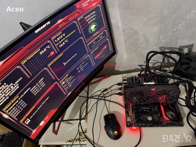 Gigabyte GA-X99-Gaming 5 (Socket LGA 2011
и процесор Intel Core i7-5930K.
И воден охладител EVGA 