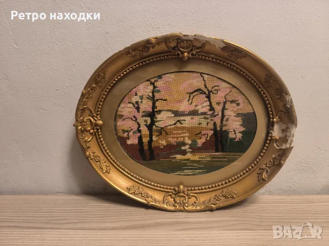Стар овален гоблен „Пролетен пейзаж“ със соц печат (Харков)