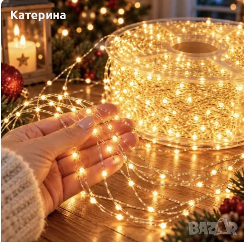 Коледни LED лампички на макара – 100 метра, 2500 LED, топла бяла светлина, 8 режима с дистанционно