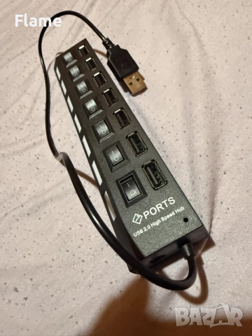 USB HUB разклонител, 7 порта и индивидуални ключове, до 480MBPS, черен