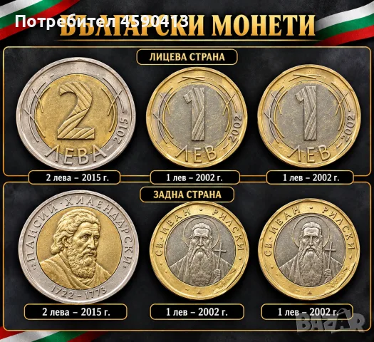 Продавам български монети от 2002 г. и 2015 г.