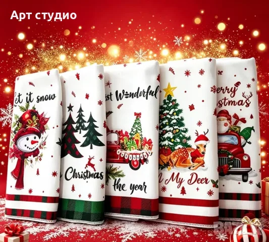 Коледен комплект памучни кухненски кърпи с празнични мотиви – 5 броя