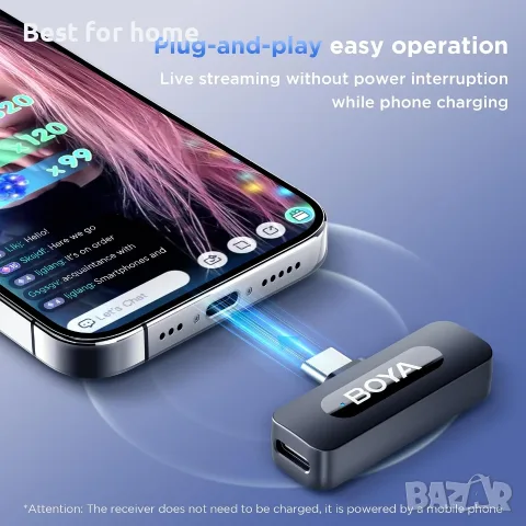 BOYA BY-V10 USB-C безжичен лавалиер микрофон за iPhone 16/15 Android, смартфон Type-C, снимка 6 - Микрофони - 56740360