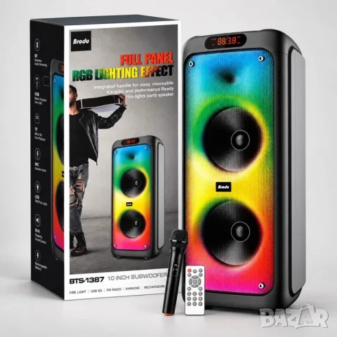 Bluetooth караоке тонколона Brodu BTS-1387 с RGB Flame ефект, 2×10 инча безжичен микрофон дистанцио