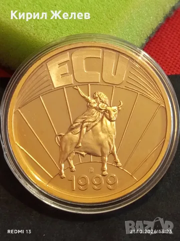 Медалия ЕКЮ 1999г. Европа яздеща бик 24к златно покритие за КОЛЕКЦИЯ 36172