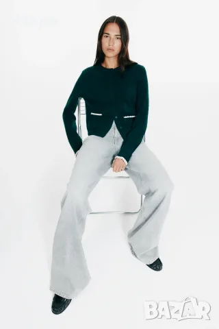Дамска жилетка H&M с едра плетка, размер - XS, тъмно зелена